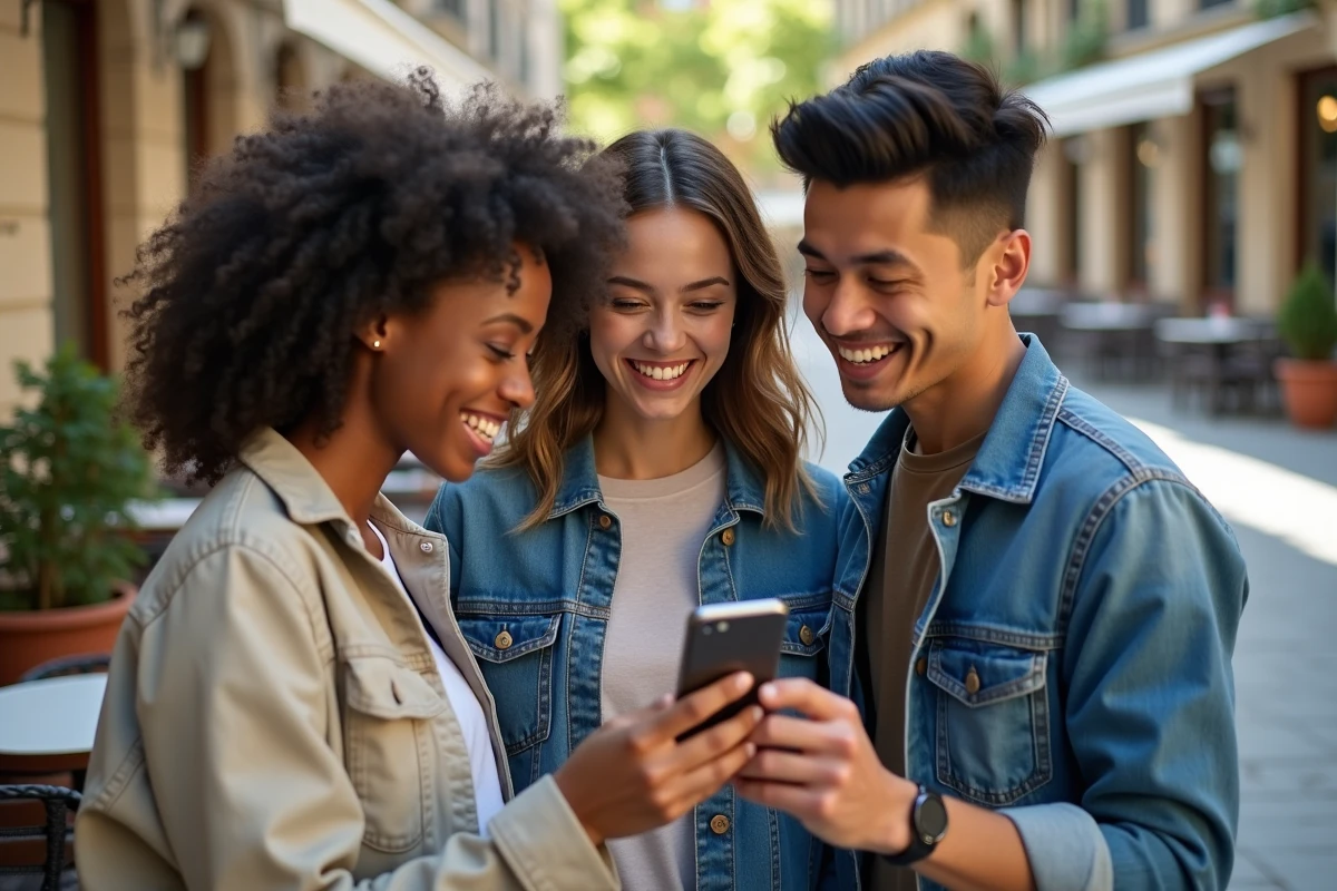 Groupe d'amis consultant et répondant à un sondage WhatsApp ensemble en terrasse de café en ville