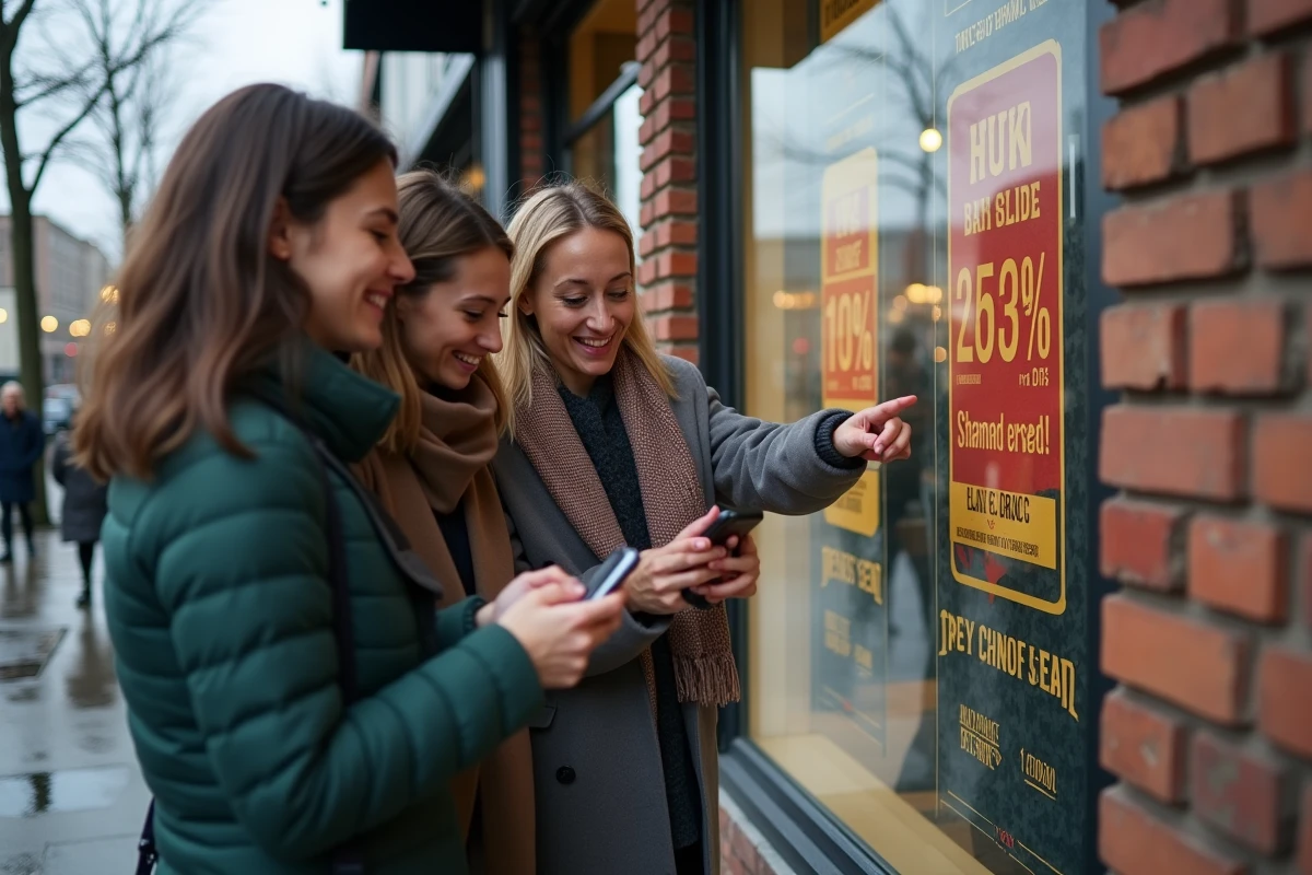 Groupe de consommateurs devant une vitrine promotionnelle Black Friday dans une rue commerçante en novembre