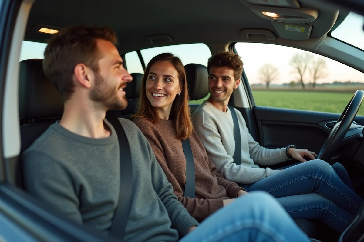 Trois adultes discutent dans une voiture en campagne
