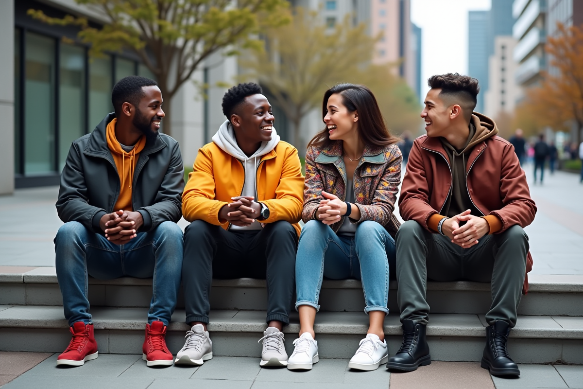 Groupe de jeunes en streetwear dans une place urbaine