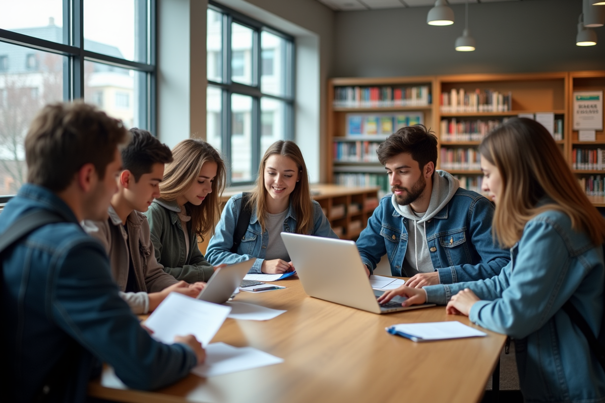 Groupe de lycéens en discussion dans une bibliothèque