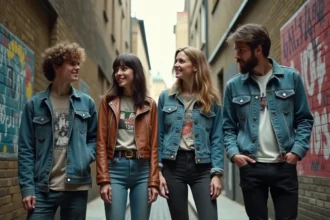 Groupe de musique indie britannique inconnu posant dans une ruelle de Londres couverte d'affiches de concerts