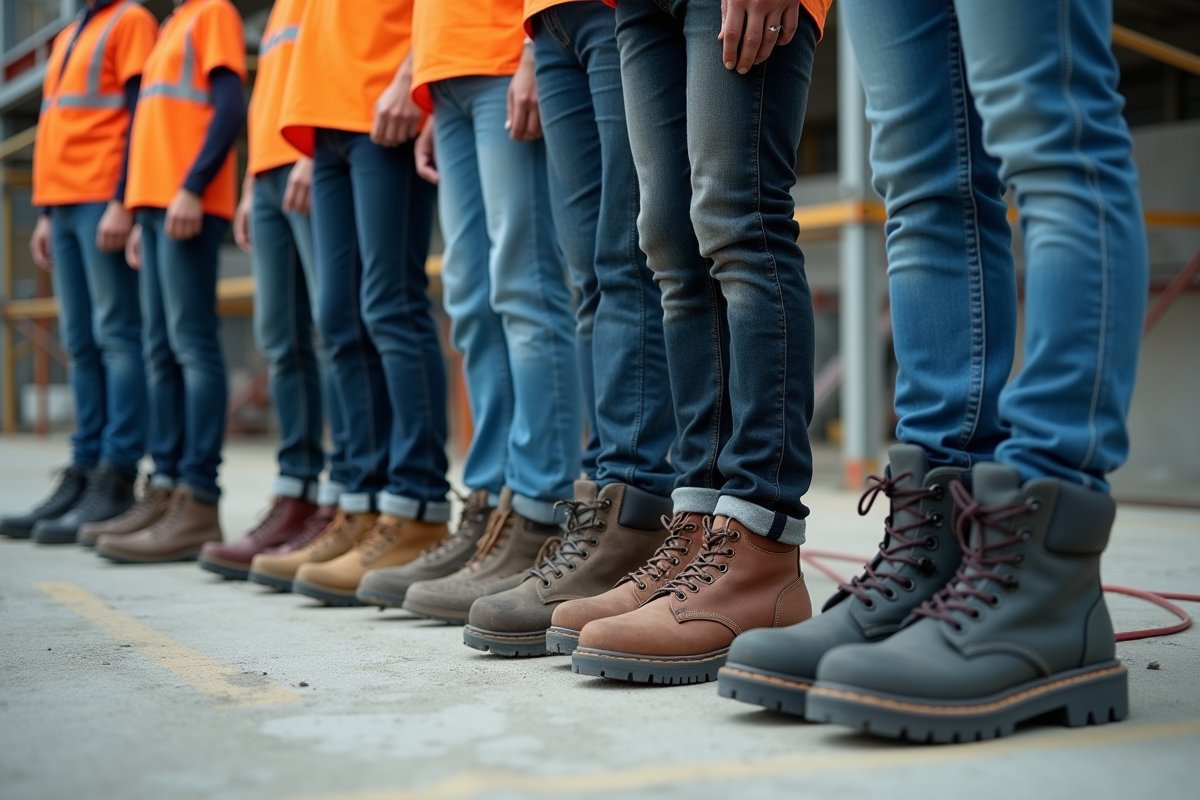 Groupe de travailleurs avec chaussures de sécurité modernes