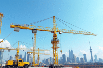 Grue neuve jaune sur un chantier urbain animé