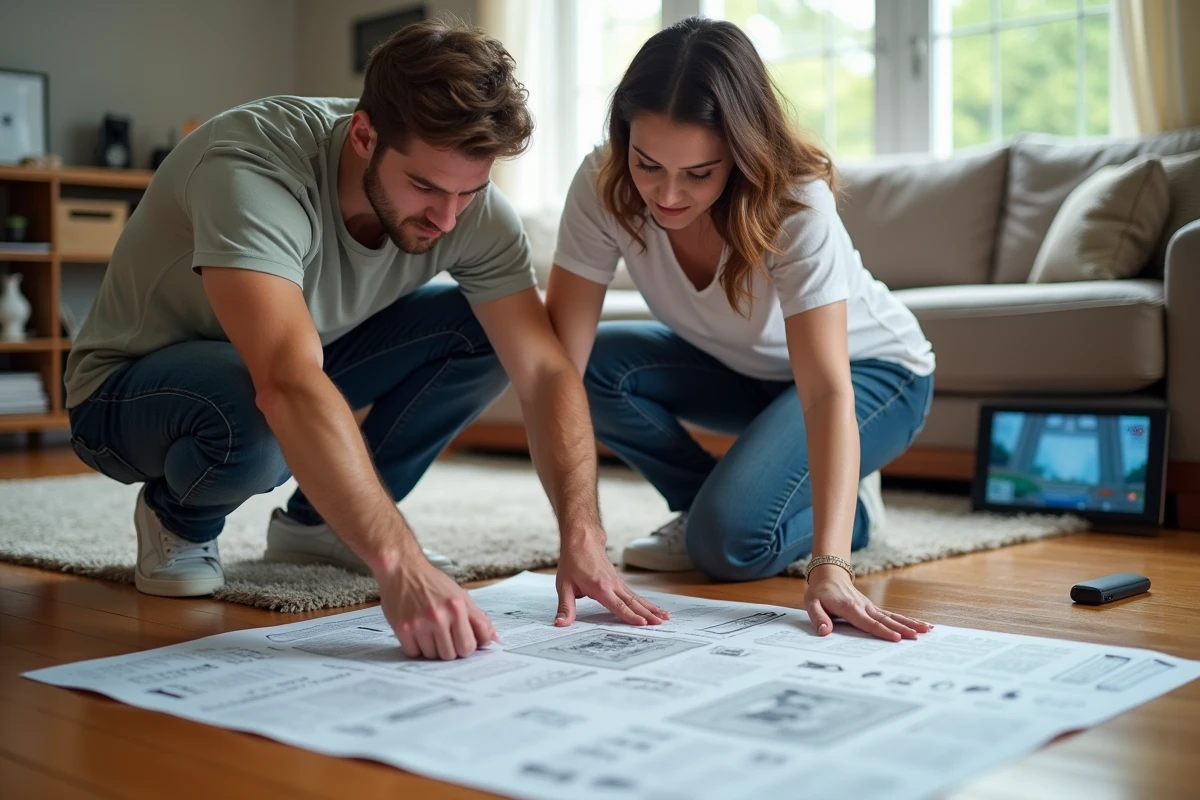 Deux joueurs consultant un guide de solution complet pour Rooms and Exits posé sur le sol d'un salon