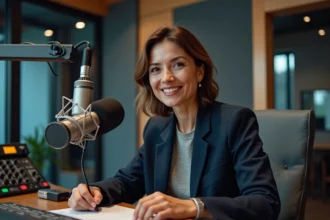 Animatrice radio professionnelle assise derrière un micro de studio, illustrant le parcours de Guilloton Christina sur Fun Radio