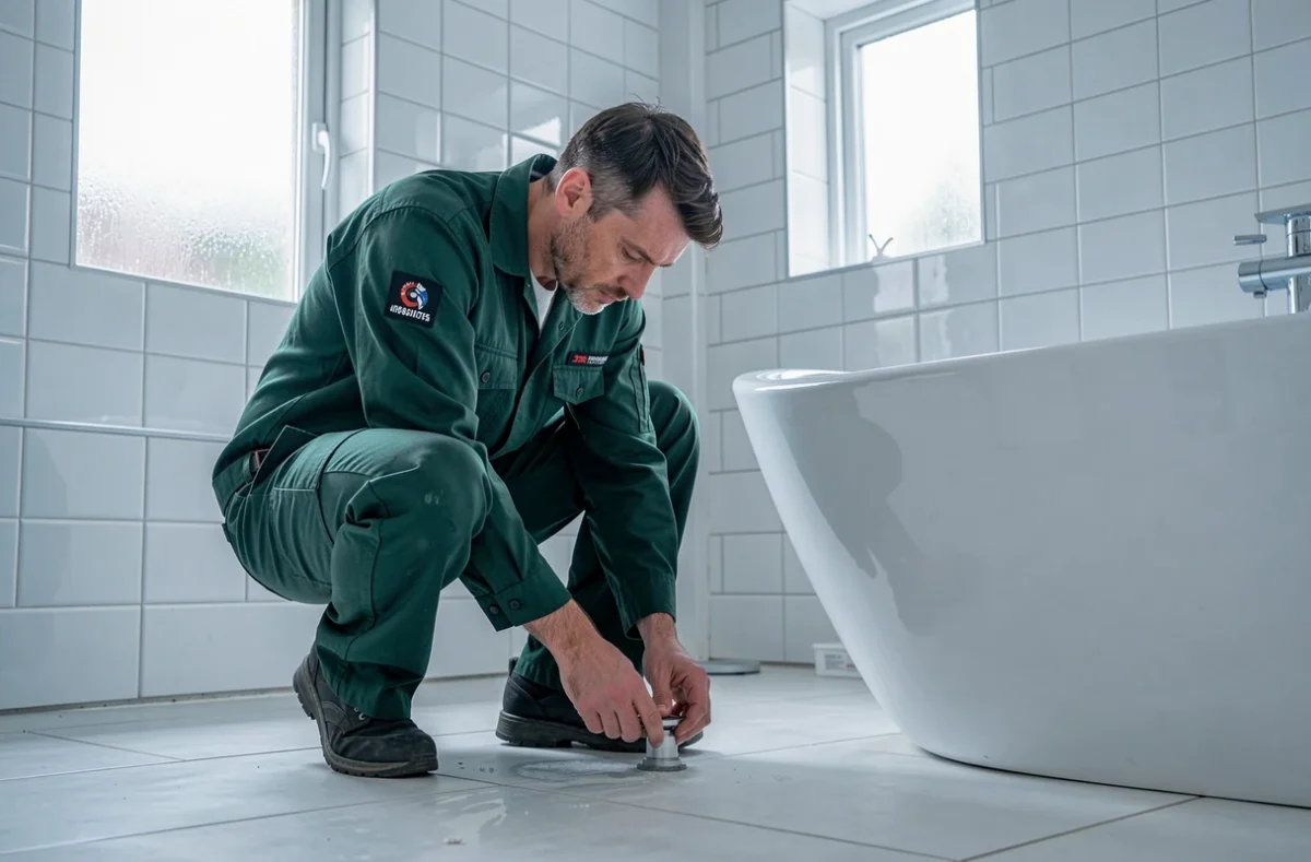 Artisan de Guilloubrieux Plomberie finalisant l'installation d'une robinetterie dans une salle de bain bretonne rénovée