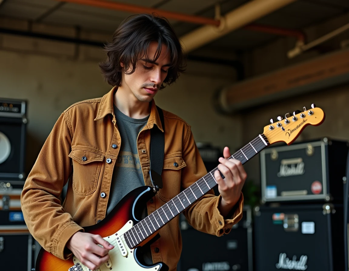 Guitariste d'un groupe anglais méconnu en pleine répétition dans un studio underground