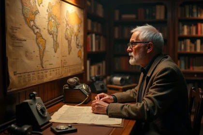 Historien étudiant une ligne du temps alternative dans une bibliothèque encombrée d'objets de communication vintage, illustrant un scénario uchronique sans téléphone portable