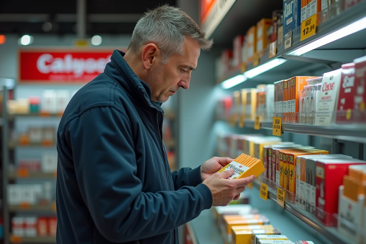 Homme examine un pack de cigarettes au magasin au Luxembourg