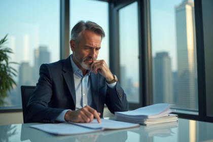 Homme d'affaires en costume étudiant des rapports financiers