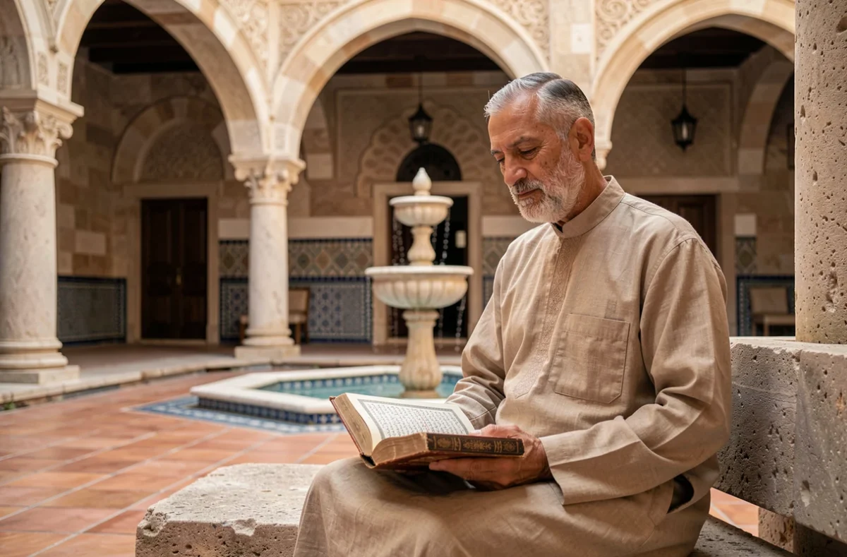 Homme âgé lisant la sourate Al Kahf avec traduction française dans la cour d'une mosquée à l'architecture traditionnelle islamique