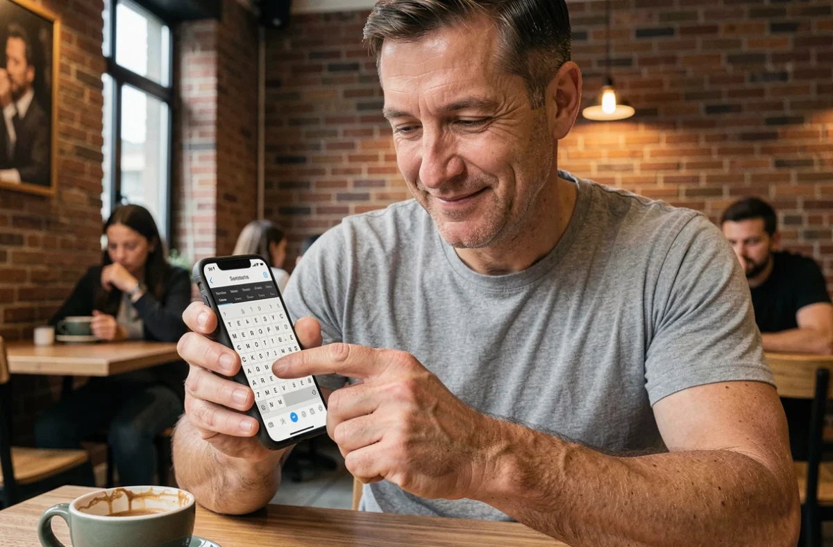 Homme utilisant une application de mots croisés CodyCross sur smartphone dans un café urbain