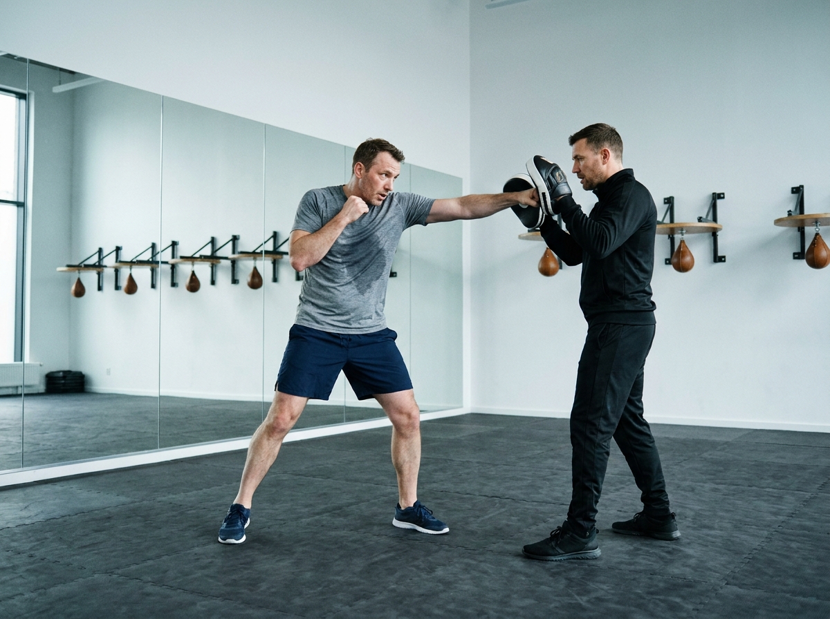 Homme de 40 ans apprenant les bases de la boxe avec un coach dans une salle de sport moderne avec miroirs