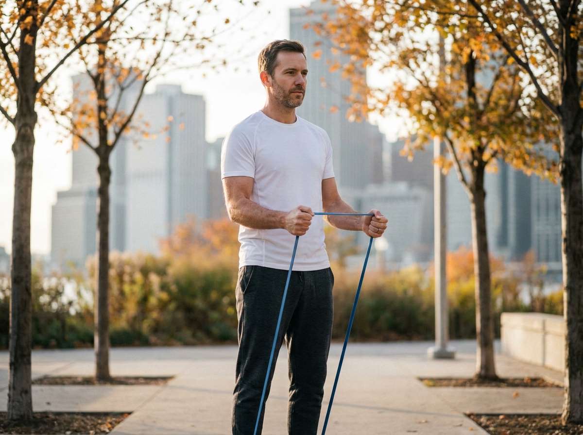 Homme utilisant une bande élastique de résistance en plein air pour diversifier son entraînement fitness
