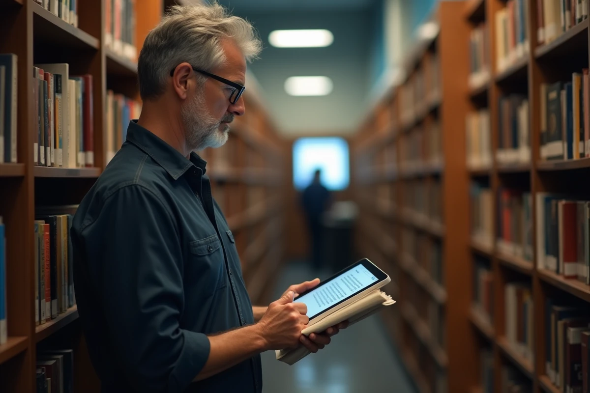 Homme consultant une plateforme numérique de contenu dans une bibliothèque publique