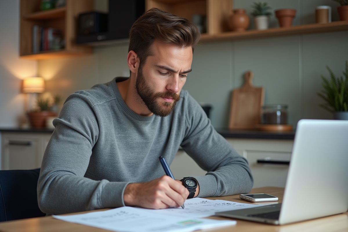 Homme concentré à remplir un budget dans une cuisine moderne