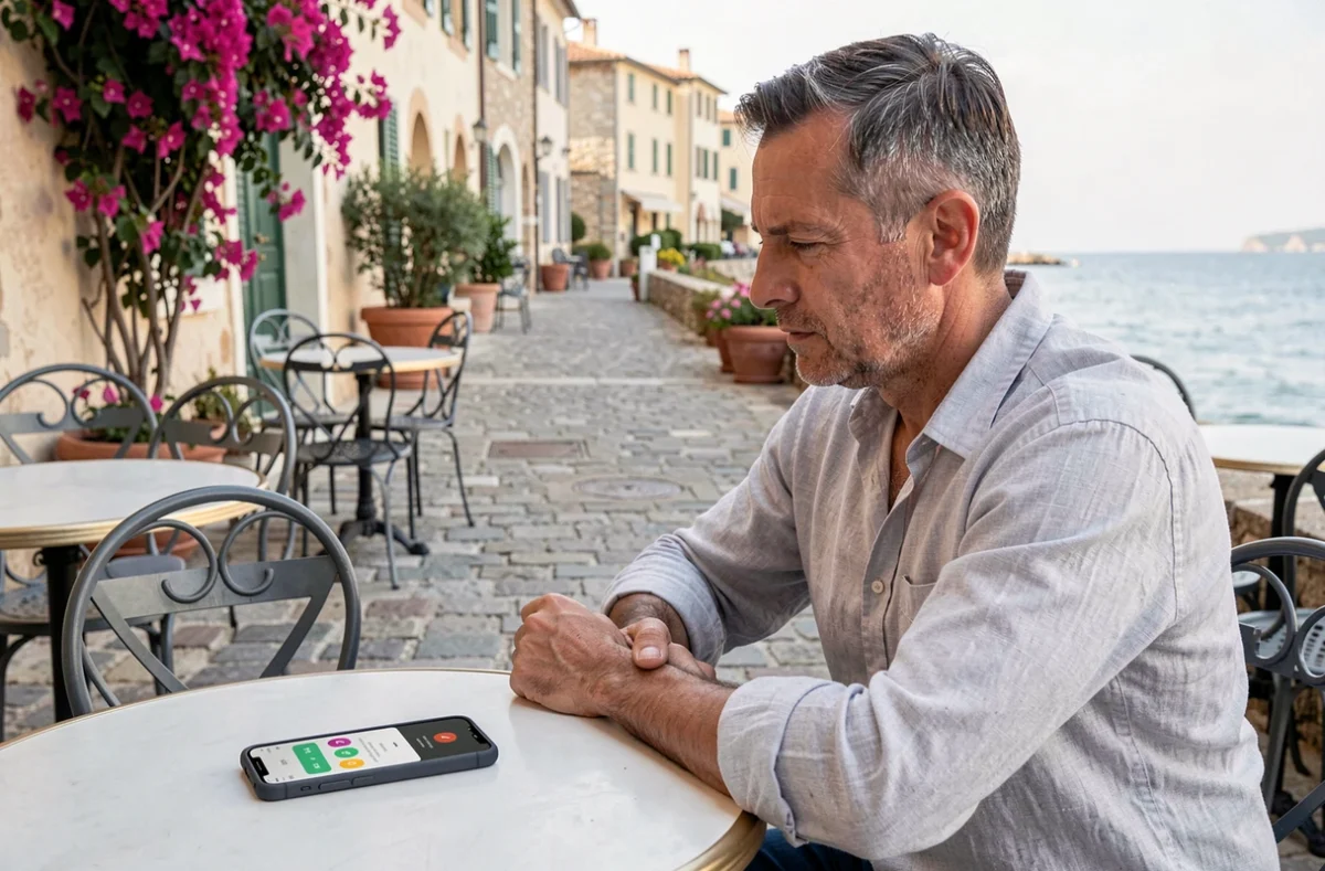 Homme consultant son smartphone dans un café pour composer l'indicatif téléphonique 262 639 afin d'appeler Mayotte