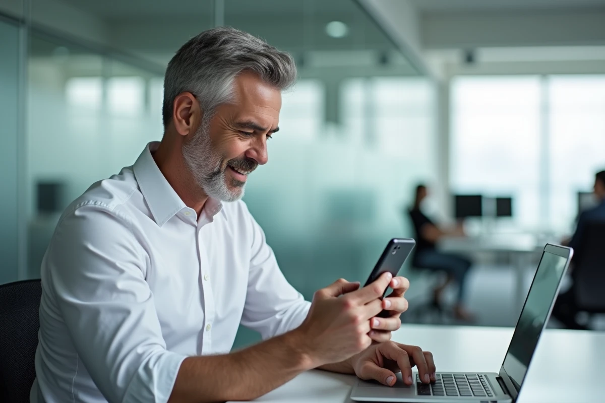 Homme en bureau créant un sondage sur WhatsApp depuis son téléphone dans un open space professionnel