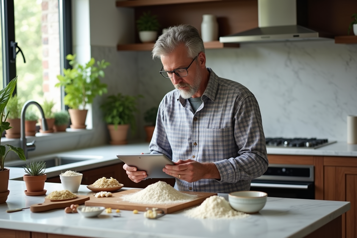 Homme préparant de la farine de sarrasin sur un plan de travail moderne