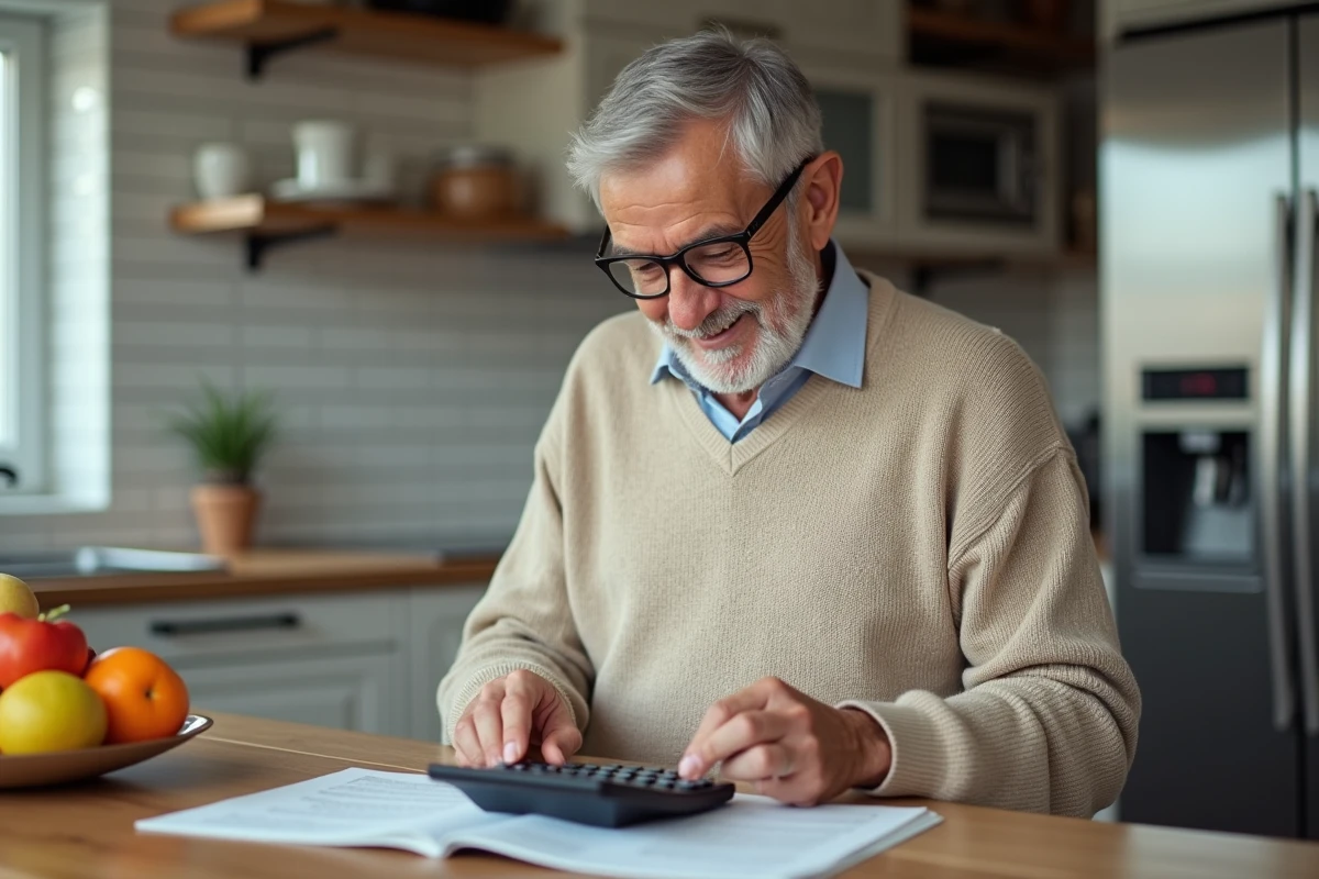 Homme âgé examinant une calculatrice dans une cuisine moderne