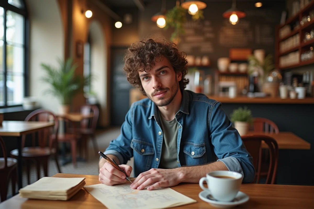 Jeune homme écrivant une lettre manuscrite dans un café dans un monde imaginaire sans téléphone portable, symbole d'une communication uchronique à l'ère analogique