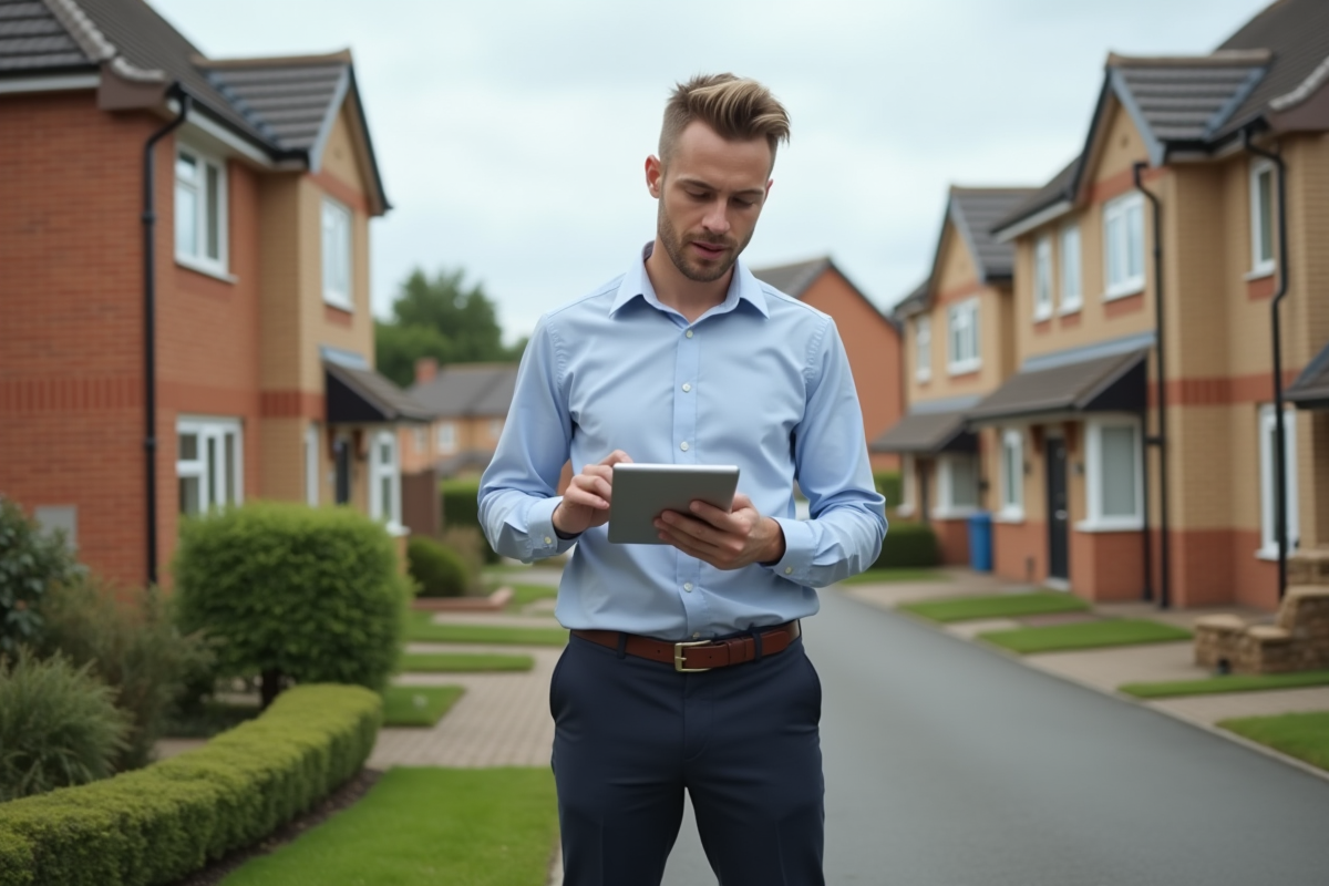 Jeune homme vérifiant ses notes devant une maison de banlieue