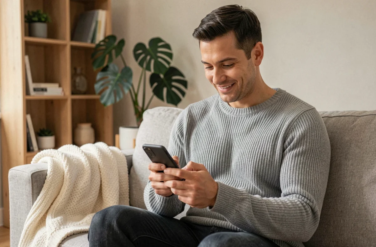 Homme souriant envoyant un message d'amour en espagnol depuis son salon