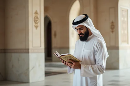 Homme en thobe lisant un calendrier de prières dans une mosquee