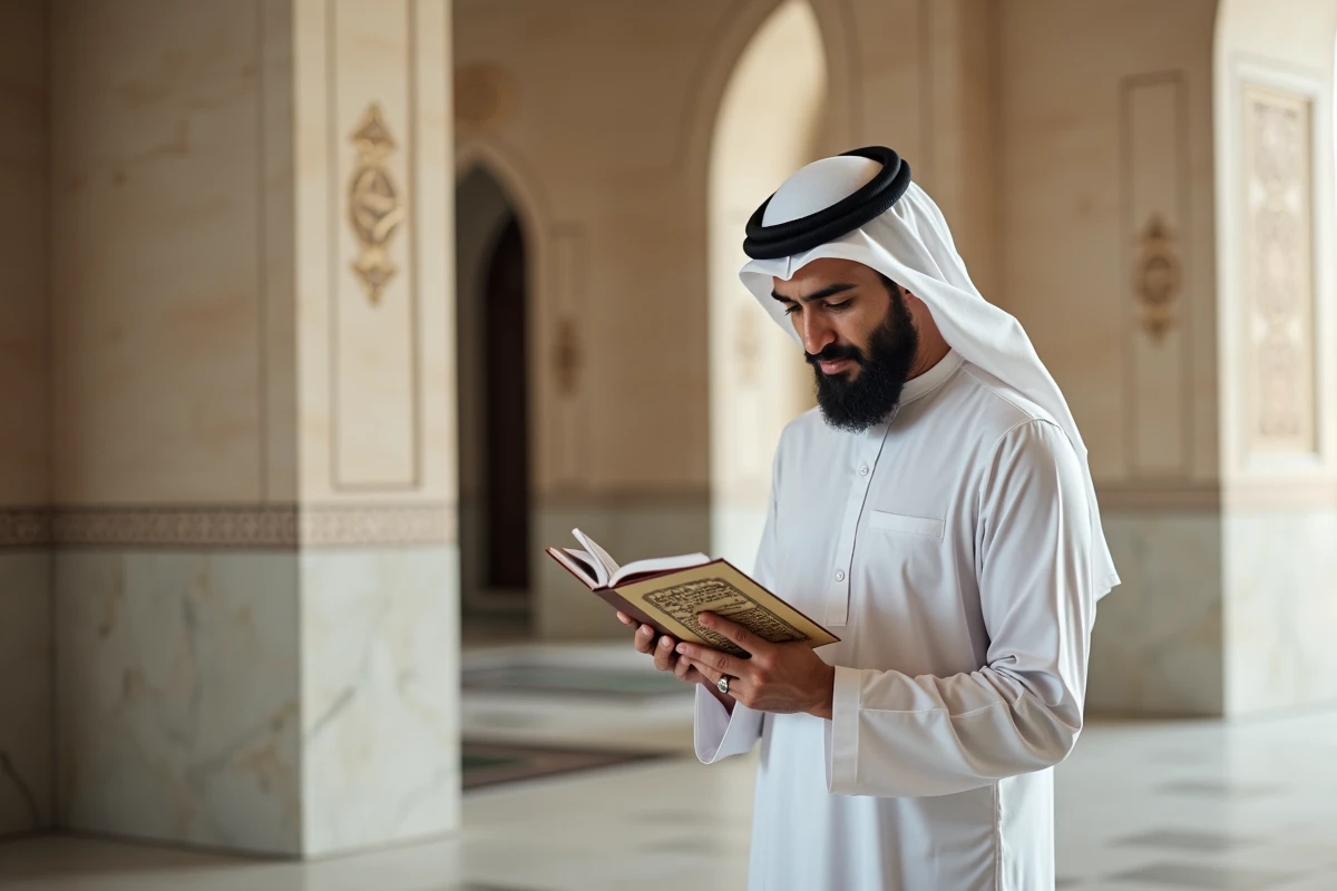 Homme en thobe lisant un calendrier de prières dans une mosquee