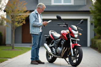 Homme d'âge moyen examinant une moto rouge en extérieur