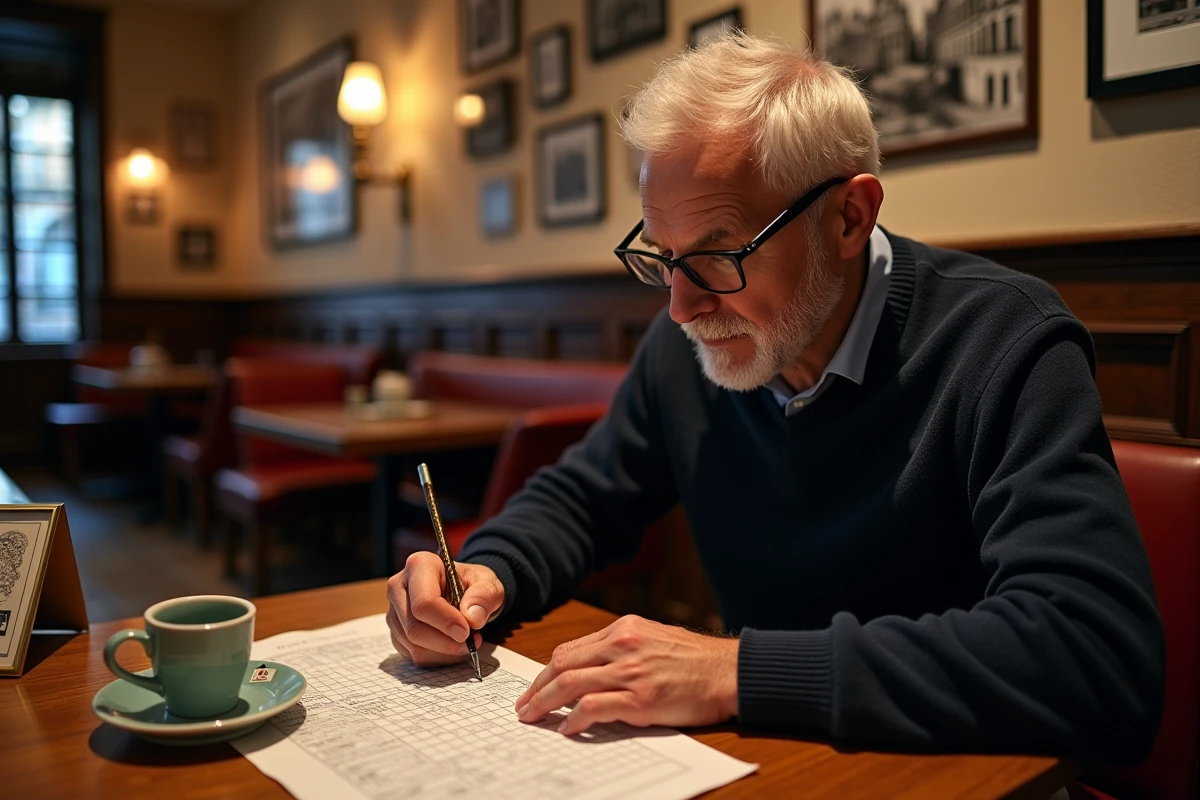 Homme résolvant des mots croisés dans une brasserie belge traditionnelle à Gand