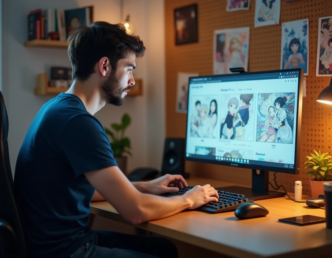 Homme adulte naviguant sur un site de lecture de scans manga VF depuis son bureau à domicile avec un grand écran