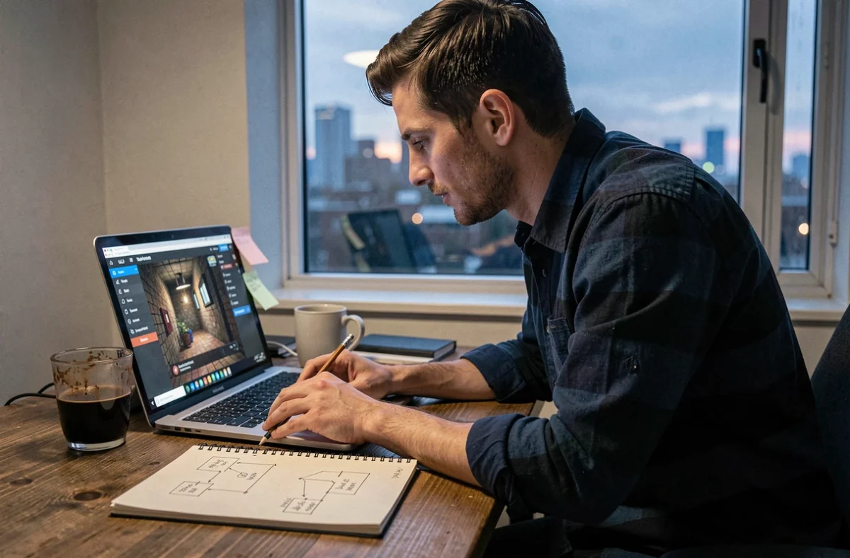 Homme prenant des notes pour résoudre une énigme du jeu Rooms And Exits sans spoiler