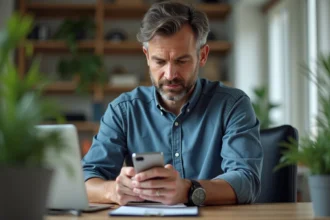 Homme d'âge moyen regardant son smartphone dans un bureau moderne