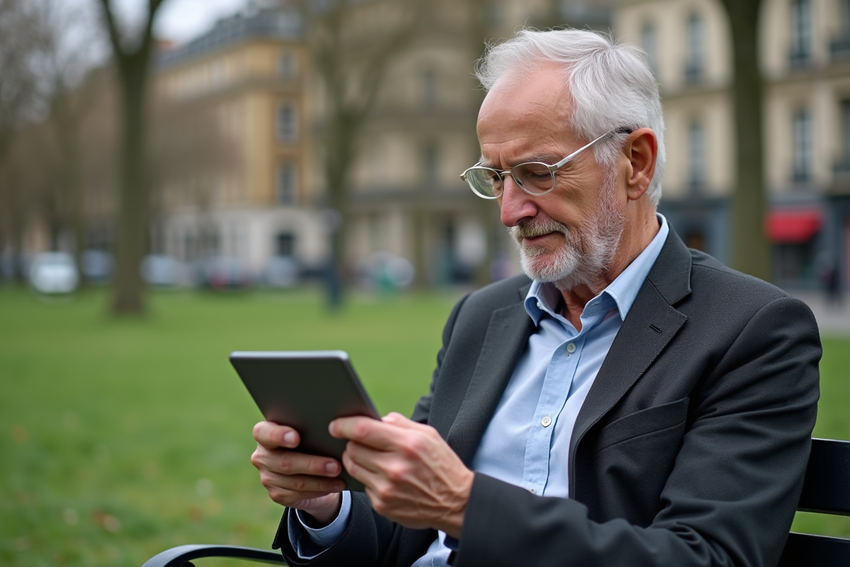 Homme français âgé utilisant une tablette dans un parc parisien
