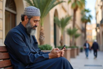 Homme méditerranéen en thobe vérifiant prière à Béziers