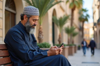 Homme méditerranéen en thobe vérifiant prière à Béziers