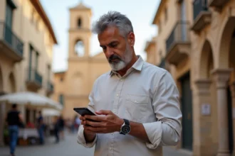 Homme d'âge moyen vérifiant une application de prière dans la vieille ville