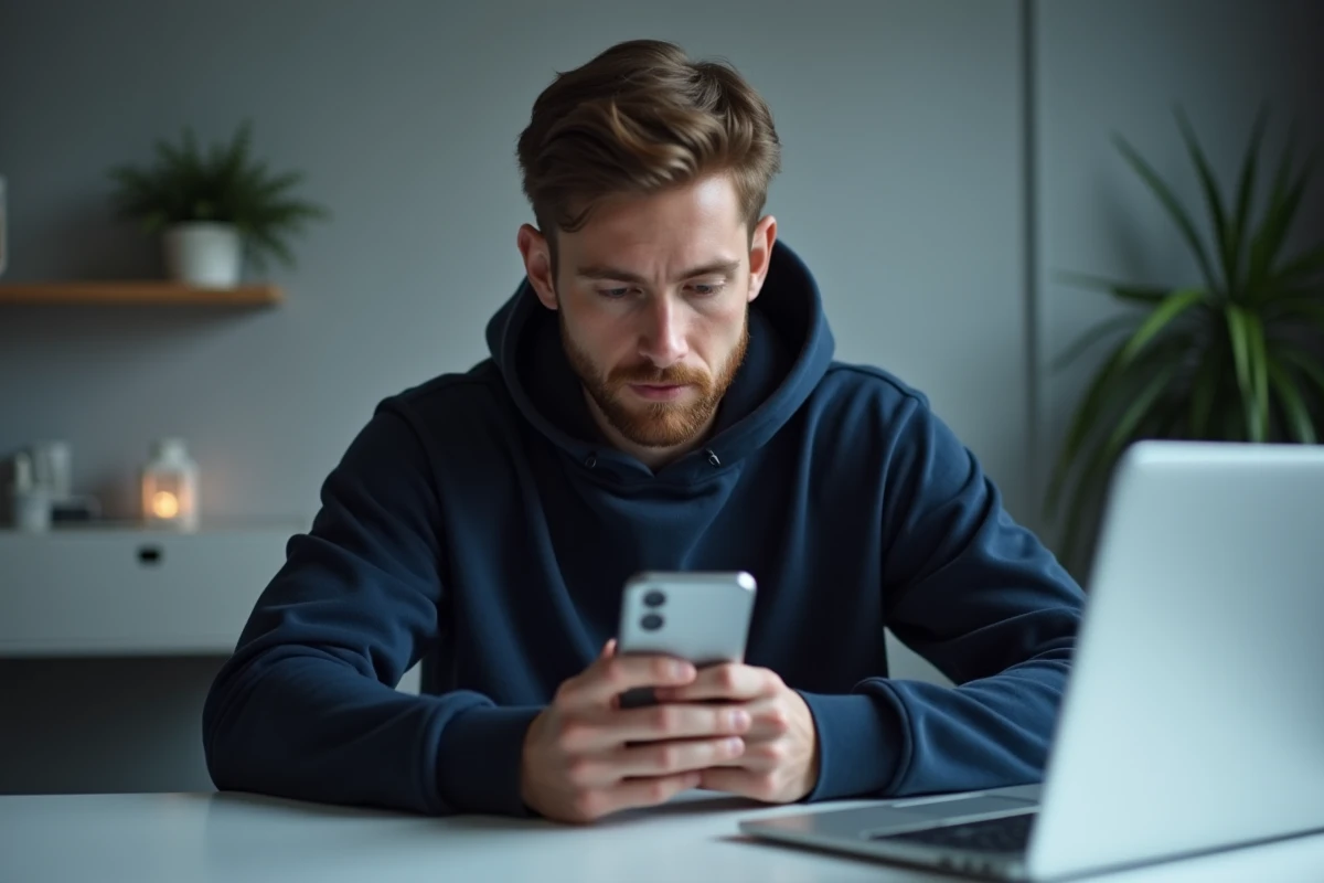 Homme analysant des stories Instagram sur smartphone dans un bureau moderne à domicile