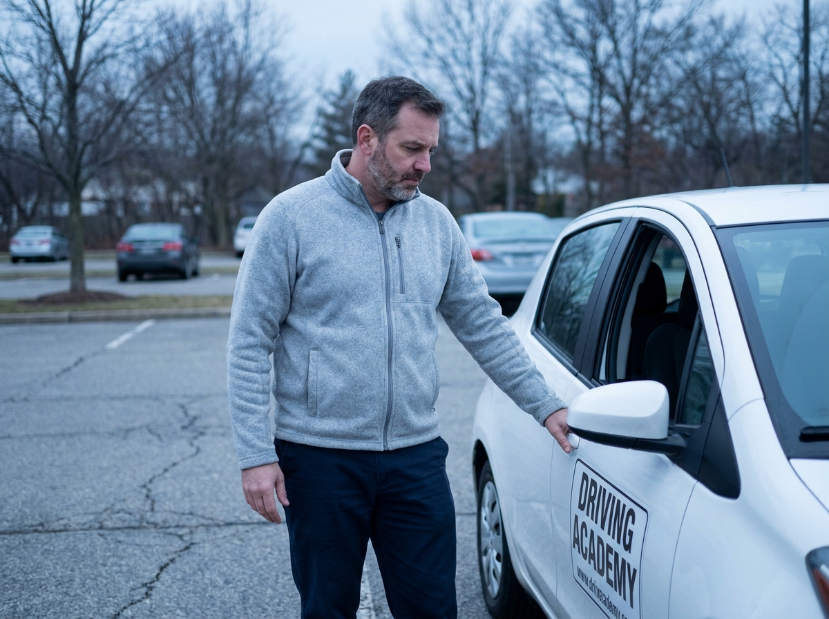Homme d'une quarantaine d'années devant une voiture d'auto-école, reprenant la conduite après une longue interruption suite à une annulation de permis