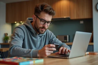 Homme concentré sur son smartphone dans une cuisine moderne