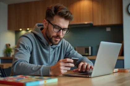 Homme concentré sur son smartphone dans une cuisine moderne