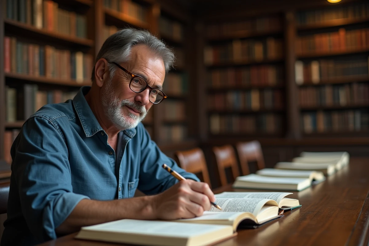 Homme solitaire plongé dans ses livres dans une grande bibliothèque, illustrant la force de la pensée individuelle et de la différence intellectuelle