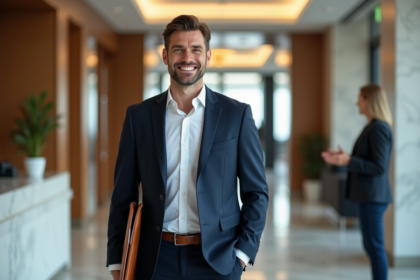 Homme en costume navy entrant dans un bureau moderne