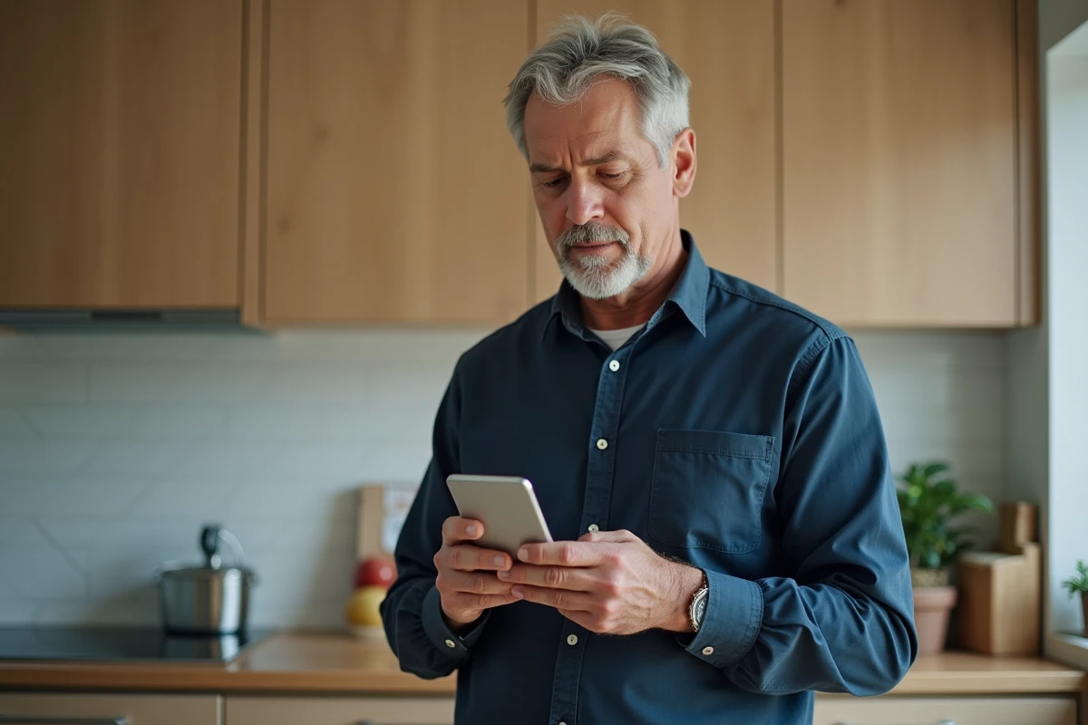 Homme consultant le support Le Bon Coin sur son smartphone dans une cuisine moderne