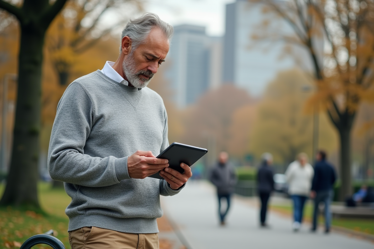 Homme lisant une tablette dans un parc urbain