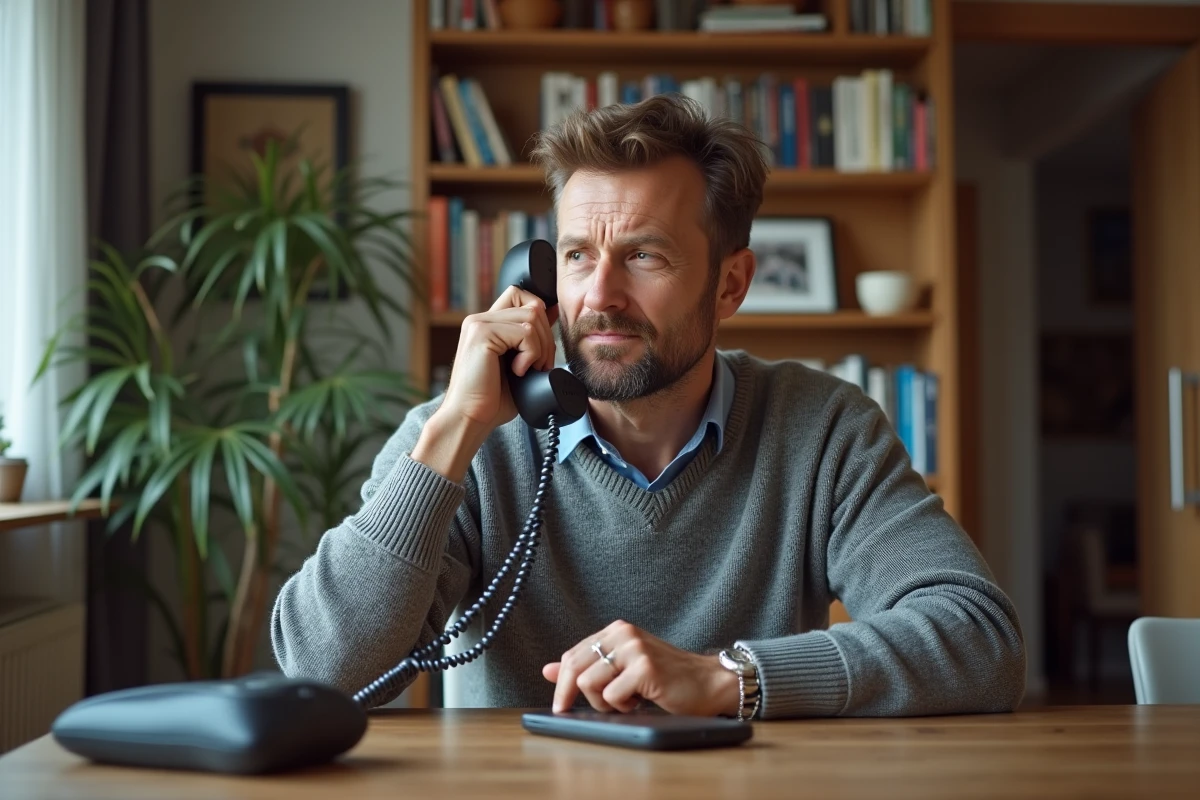 Homme d'âge moyen au téléphone fixe dans un intérieur cosy