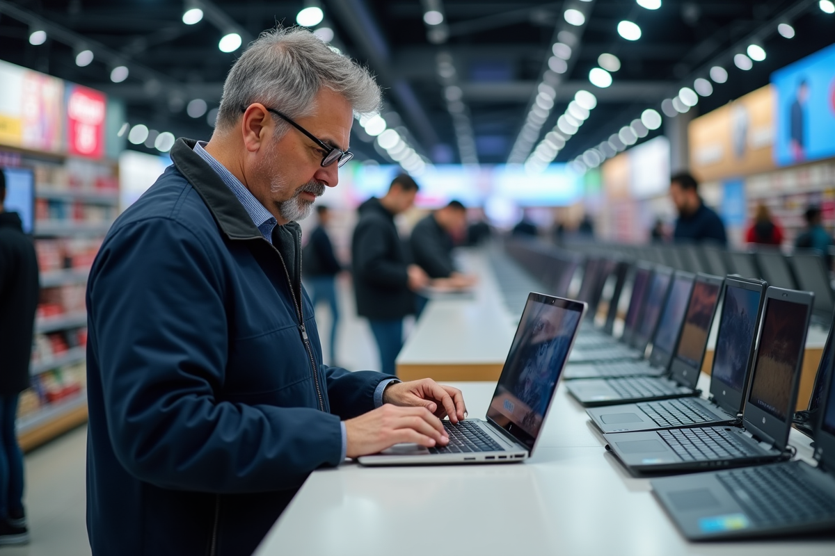 Homme évaluant un ordinateur portable dans un magasin d
