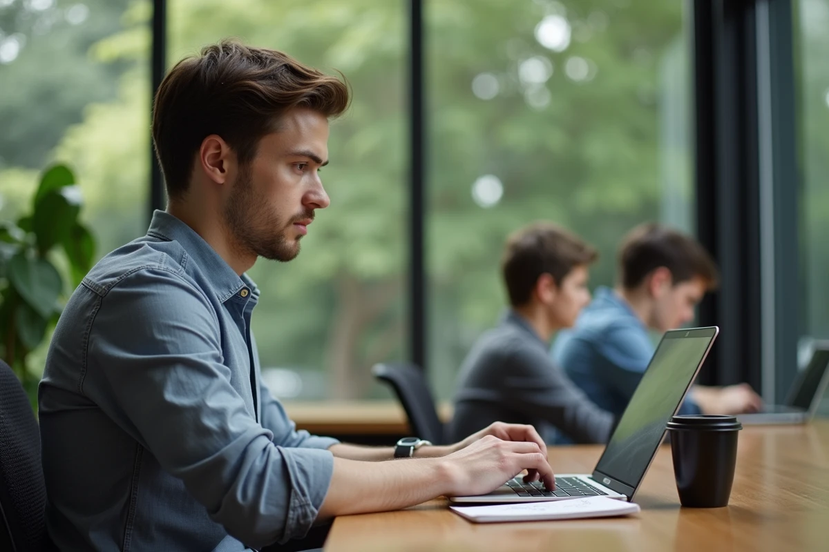 Homme concentré travaillant sur son ordinateur dans un bureau lumineux